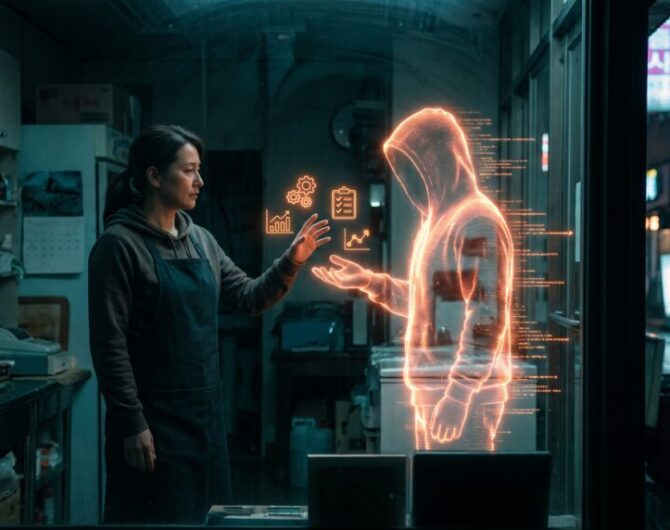 Woman interacts with holographic AI figure in a modern city at night.