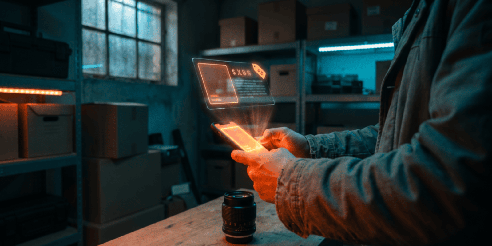 Person using a holographic AI interface on a smartphone in a tech lab.