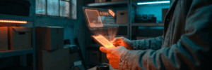 Person using a holographic AI interface on a smartphone in a tech lab.