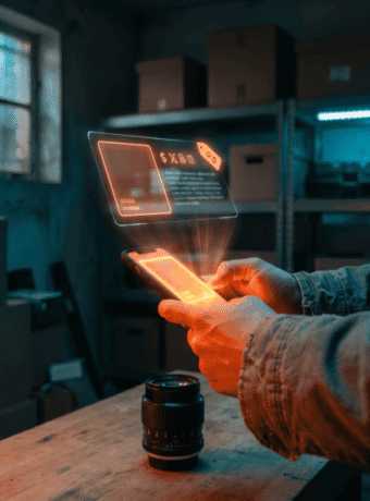Person using a holographic AI interface on a smartphone in a tech lab.