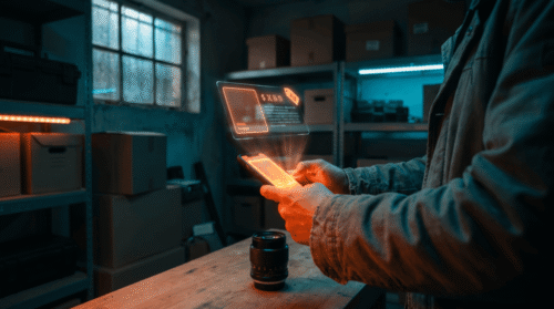 Person using a holographic AI interface on a smartphone in a tech lab.