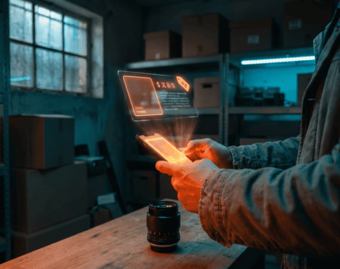 Person using a holographic AI interface on a smartphone in a tech lab.