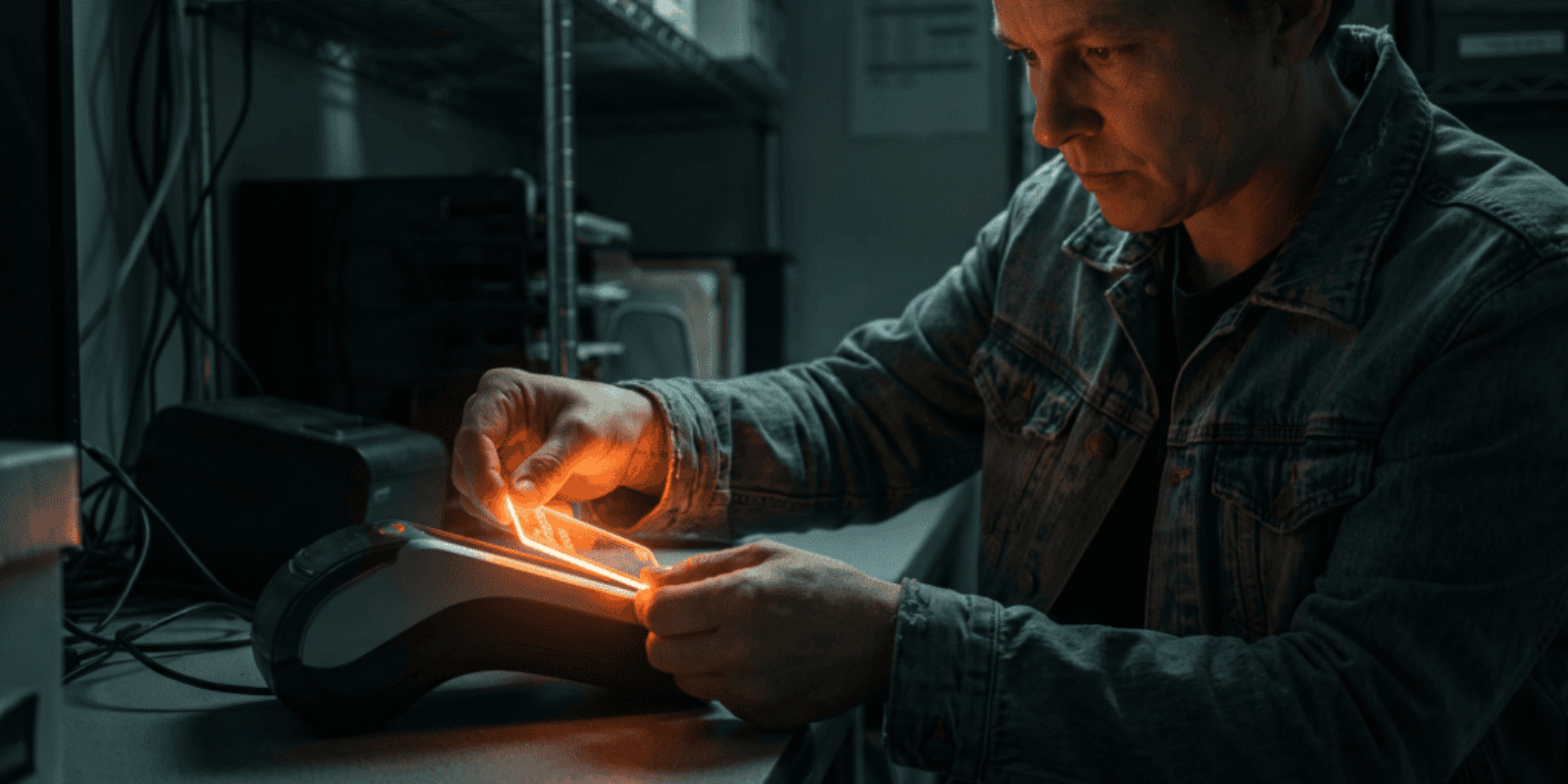Man working with futuristic technology in a dimly lit lab environment.