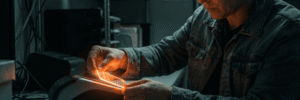 Man working with futuristic technology in a dimly lit lab environment.