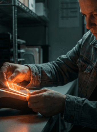 Man working with futuristic technology in a dimly lit lab environment.