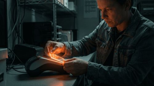 Man working with futuristic technology in a dimly lit lab environment.