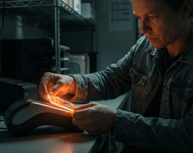 Man working with futuristic technology in a dimly lit lab environment.