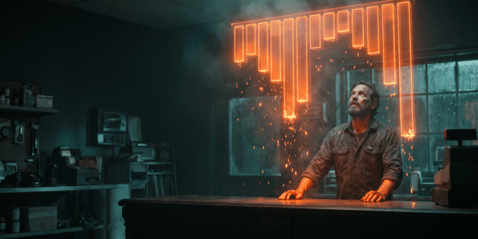 Man in a tech lab with digital glitch and neon effects, representing AI innovation.