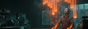 Man in a tech lab with digital glitch and neon effects, representing AI innovation.