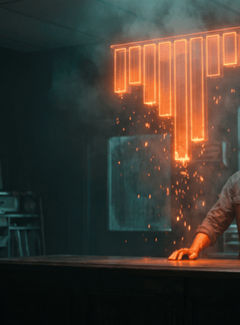 Man in a tech lab with digital glitch and neon effects, representing AI innovation.