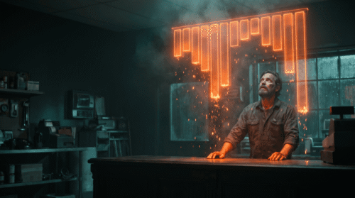 Man in a tech lab with digital glitch and neon effects, representing AI innovation.