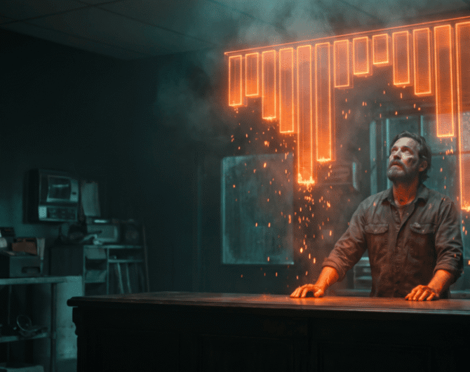 Man in a tech lab with digital glitch and neon effects, representing AI innovation.