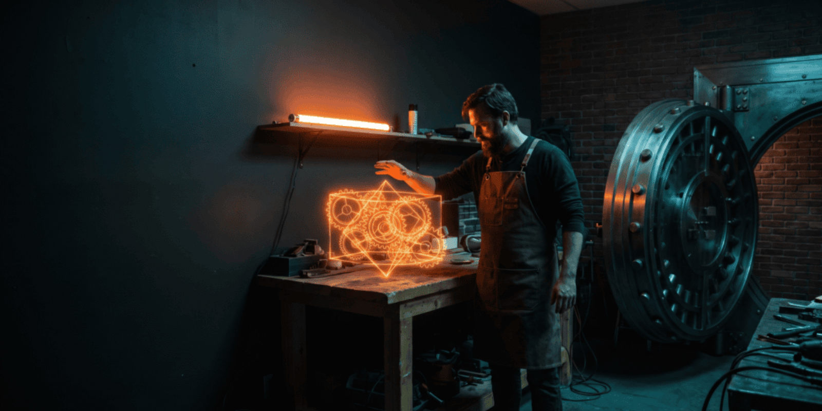 Man working on holographic AI project in a high-tech lab.