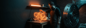 Man working on holographic AI project in a high-tech lab.