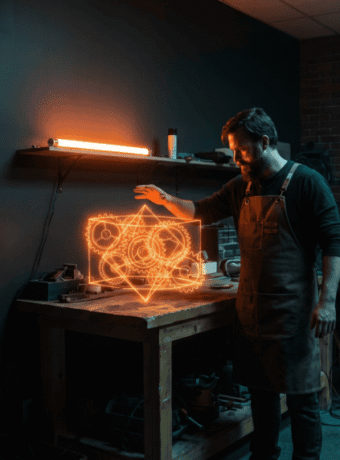 Man working on holographic AI project in a high-tech lab.