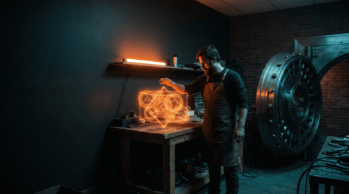 Man working on holographic AI project in a high-tech lab.
