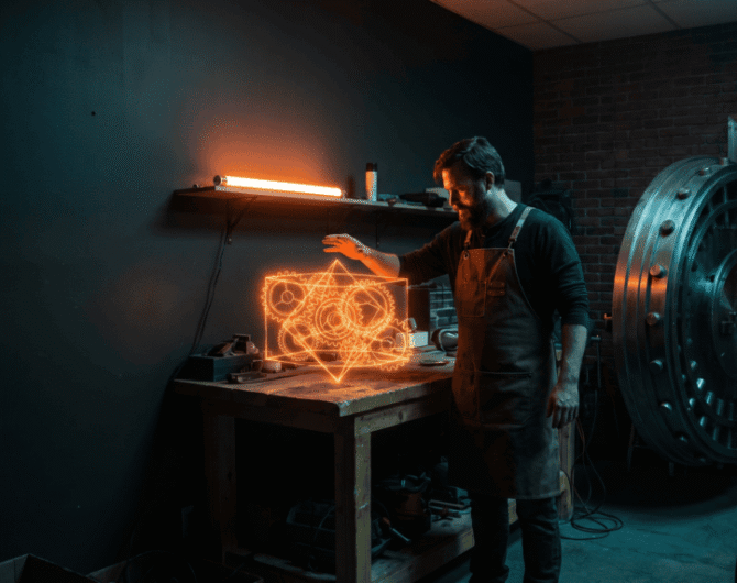 Man working on holographic AI project in a high-tech lab.