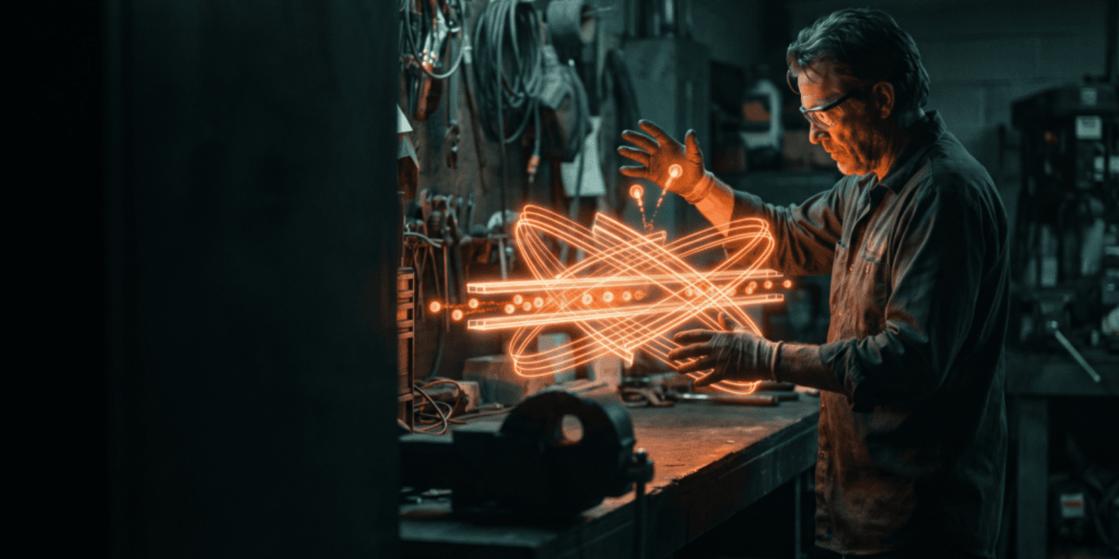 Engineer working with glowing electronic components in a workshop.