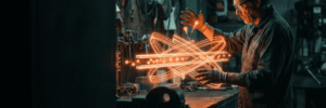 Engineer working with glowing electronic components in a workshop.