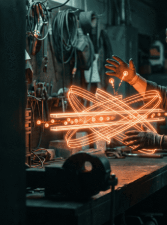 Engineer working with glowing electronic components in a workshop.