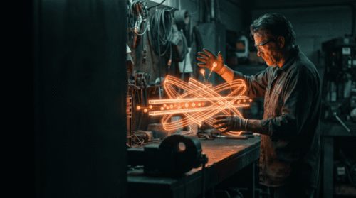 Engineer working with glowing electronic components in a workshop.