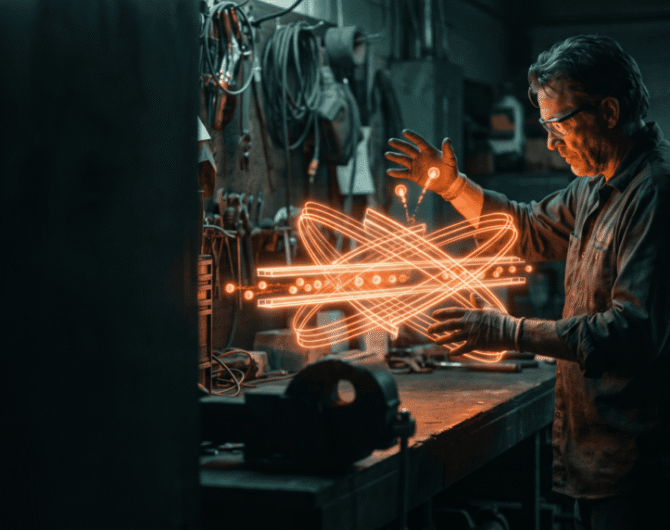 Engineer working with glowing electronic components in a workshop.