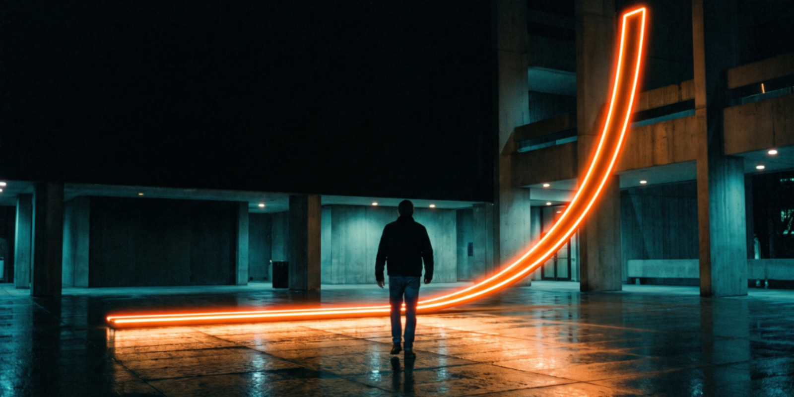 Person standing in a dark, modern space with neon light trails creating a dynamic arc.