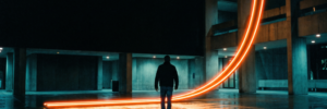 Person standing in a dark, modern space with neon light trails creating a dynamic arc.