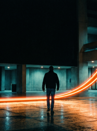 Person standing in a dark, modern space with neon light trails creating a dynamic arc.