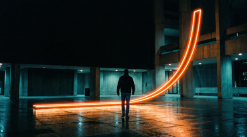 Person standing in a dark, modern space with neon light trails creating a dynamic arc.