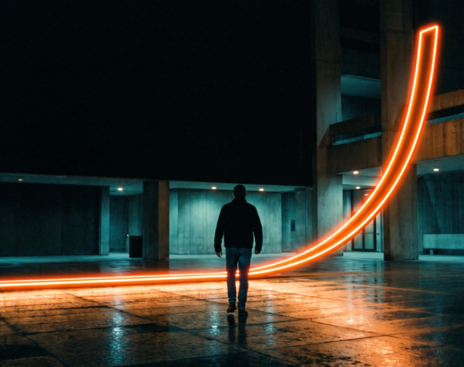 Person standing in a dark, modern space with neon light trails creating a dynamic arc.