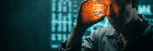 Man holding glowing light bulb to his temple in a tech-themed setting.