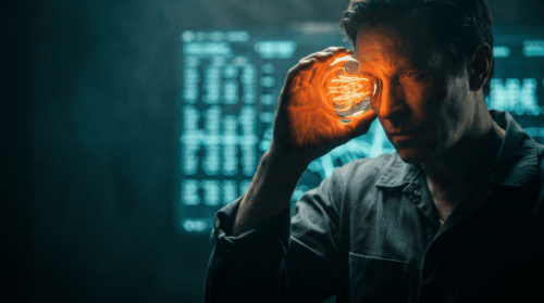 Man holding glowing light bulb to his temple in a tech-themed setting.