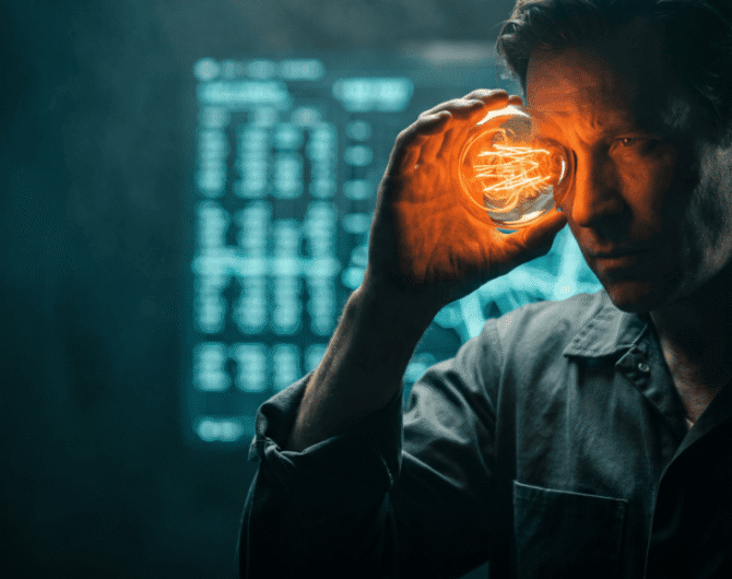Man holding glowing light bulb to his temple in a tech-themed setting.