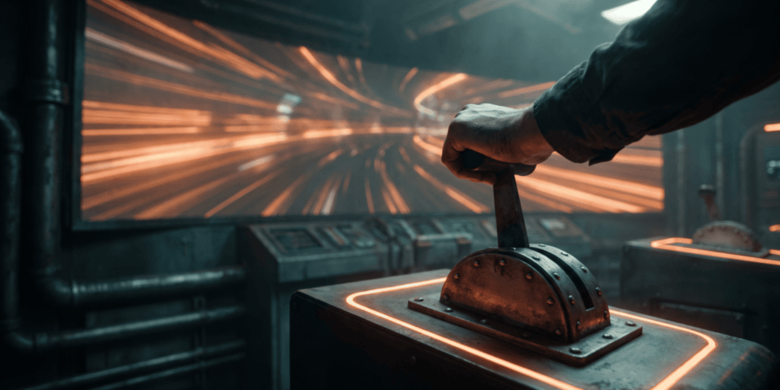 Futuristic control panel with glowing orange lights and a hand operating a lever.