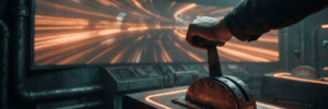 Futuristic control panel with glowing orange lights and a hand operating a lever.