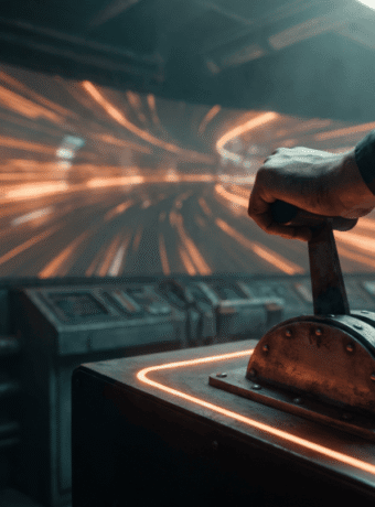 Futuristic control panel with glowing orange lights and a hand operating a lever.