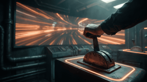 Futuristic control panel with glowing orange lights and a hand operating a lever.