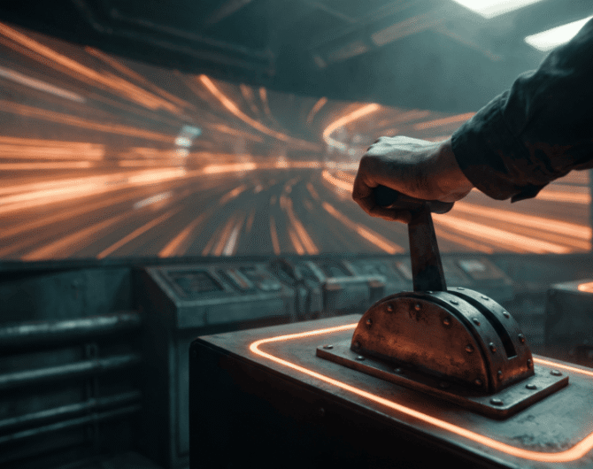 Futuristic control panel with glowing orange lights and a hand operating a lever.