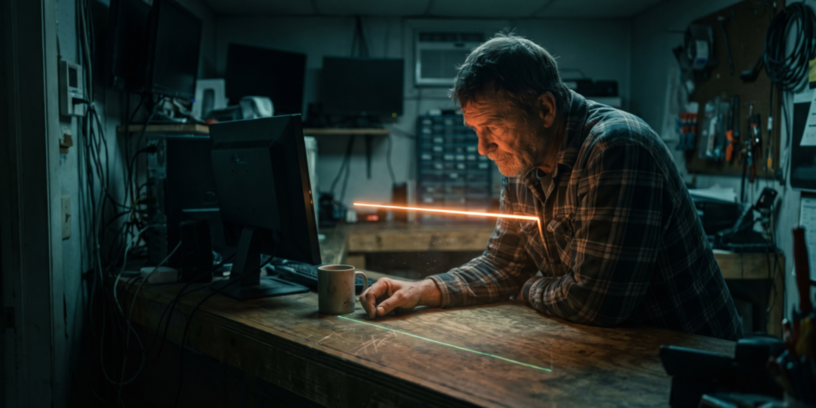 Man working on AI project with laser technology in a workshop.