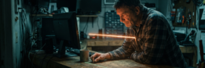 Man working on AI project with laser technology in a workshop.