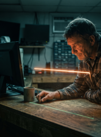 Man working on AI project with laser technology in a workshop.