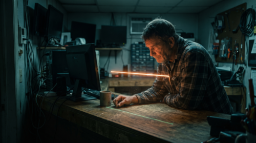 Man working on AI project with laser technology in a workshop.