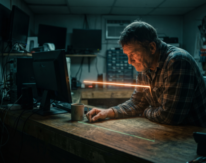 Man working on AI project with laser technology in a workshop.