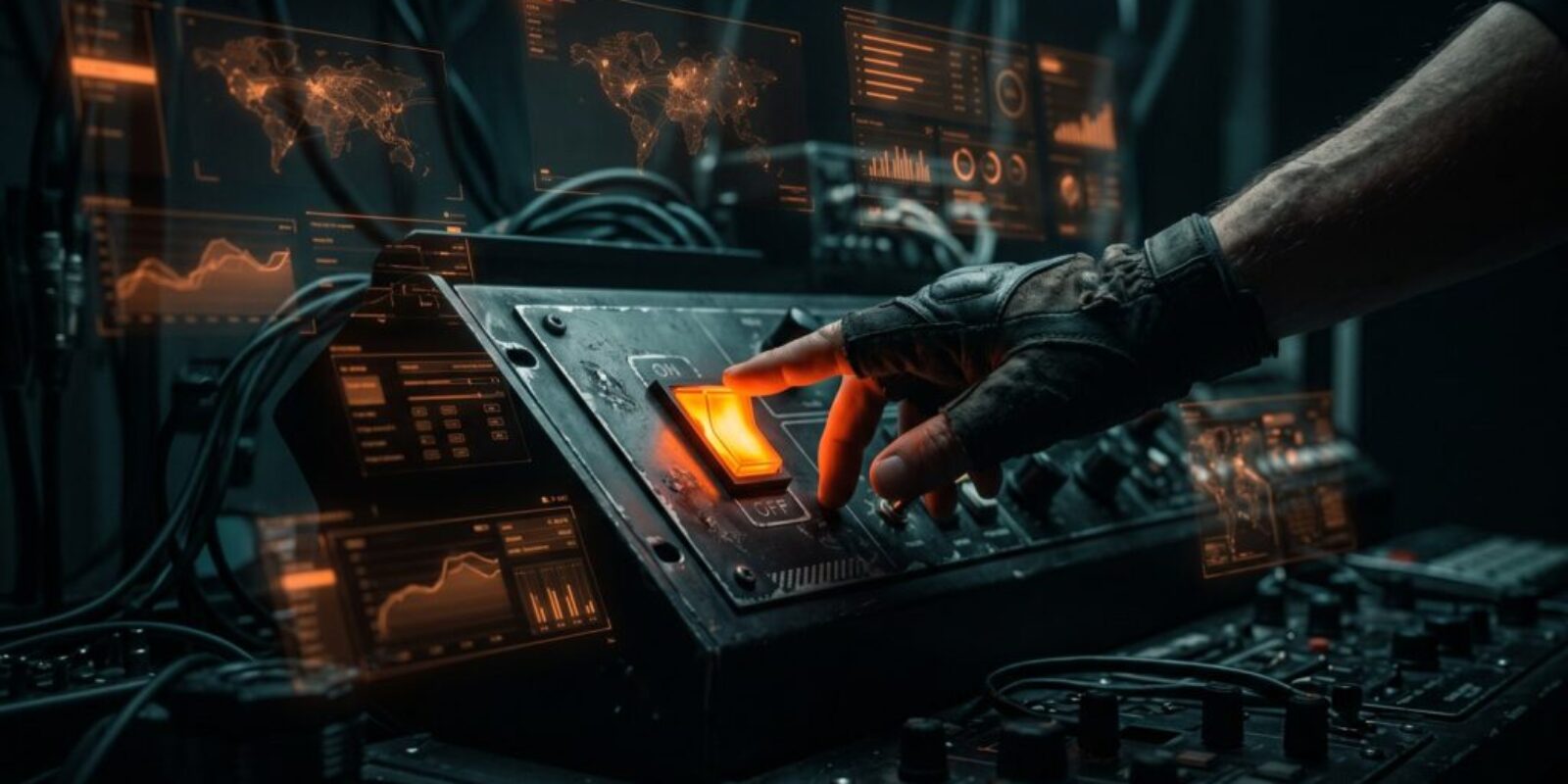 Person operating advanced AI control panel with digital data displays.