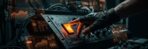 Person operating advanced AI control panel with digital data displays.