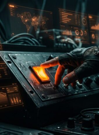 Person operating advanced AI control panel with digital data displays.