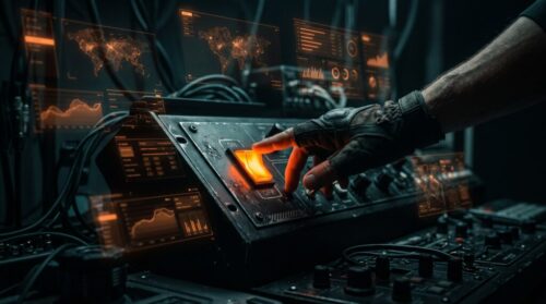 Person operating advanced AI control panel with digital data displays.