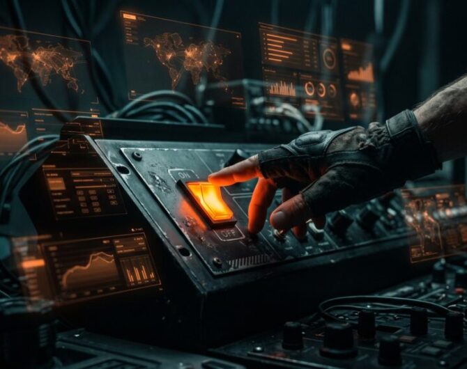 Person operating advanced AI control panel with digital data displays.