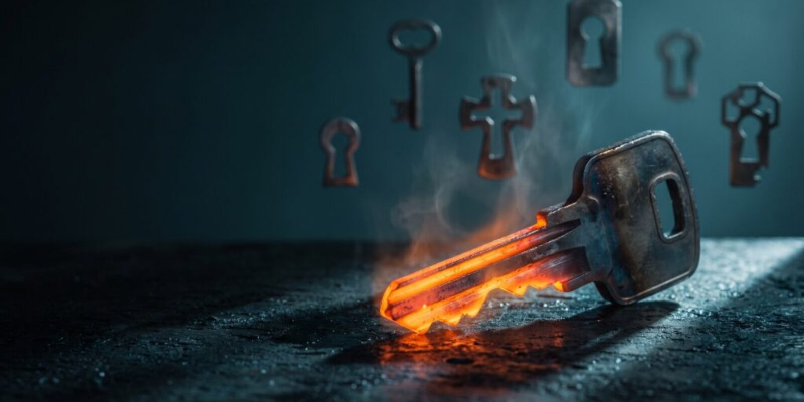 A burning key with digital icons representing cybersecurity and AI technology.